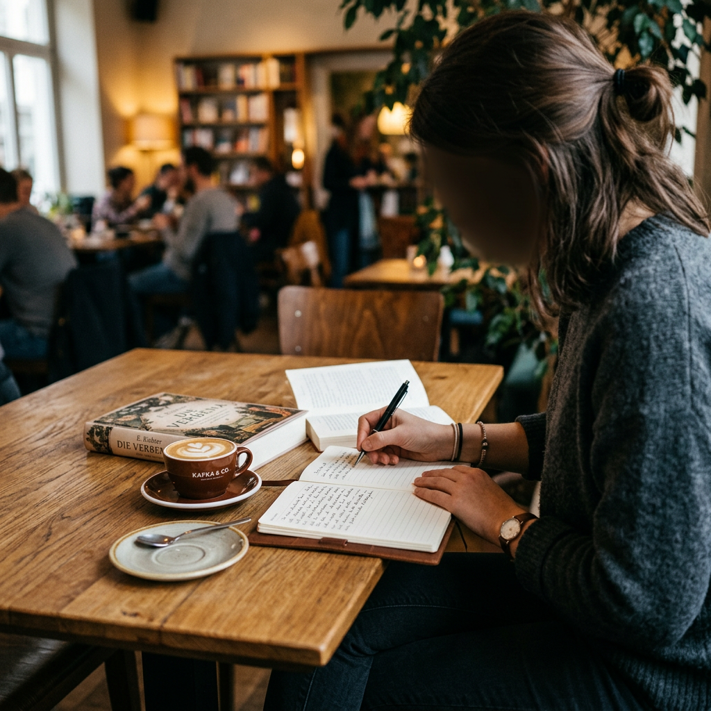Person writing notes in a notebook beside a book and coffee cup on a wooden table in a cafe